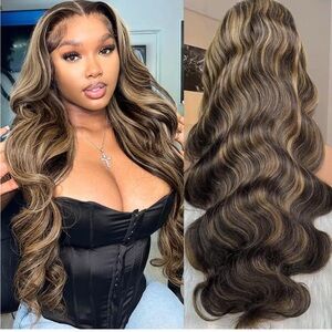 Long Ombre Brown Wavy Wig Synthetic 26 Inch Middle Part Curly Wavy